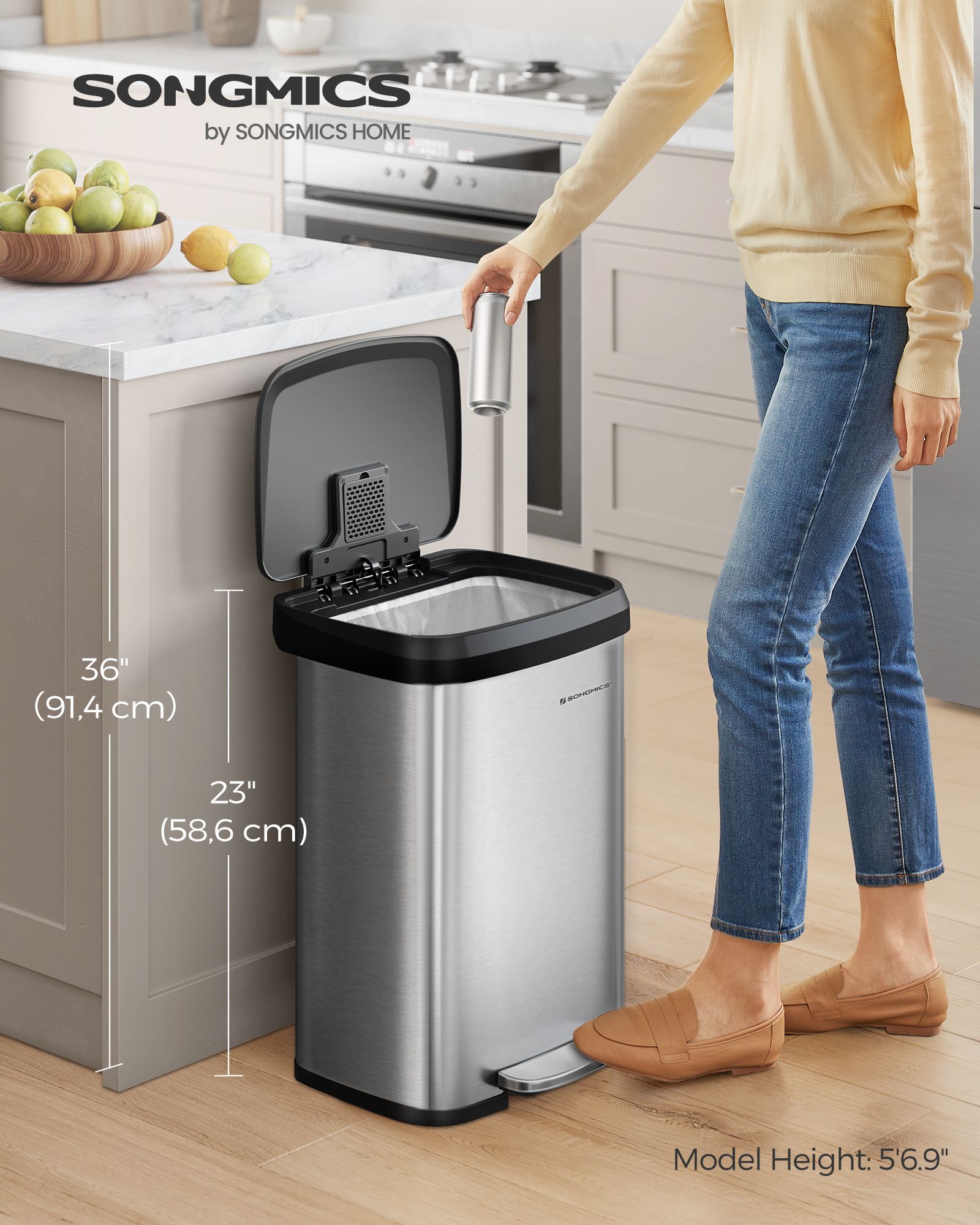 50L Metal Pedal Rubbish Bin – Silver – Large Capacity with Lid