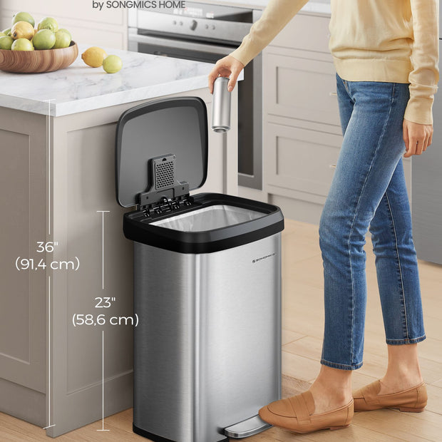50L Metal Pedal Rubbish Bin – Silver – Large Capacity with Lid