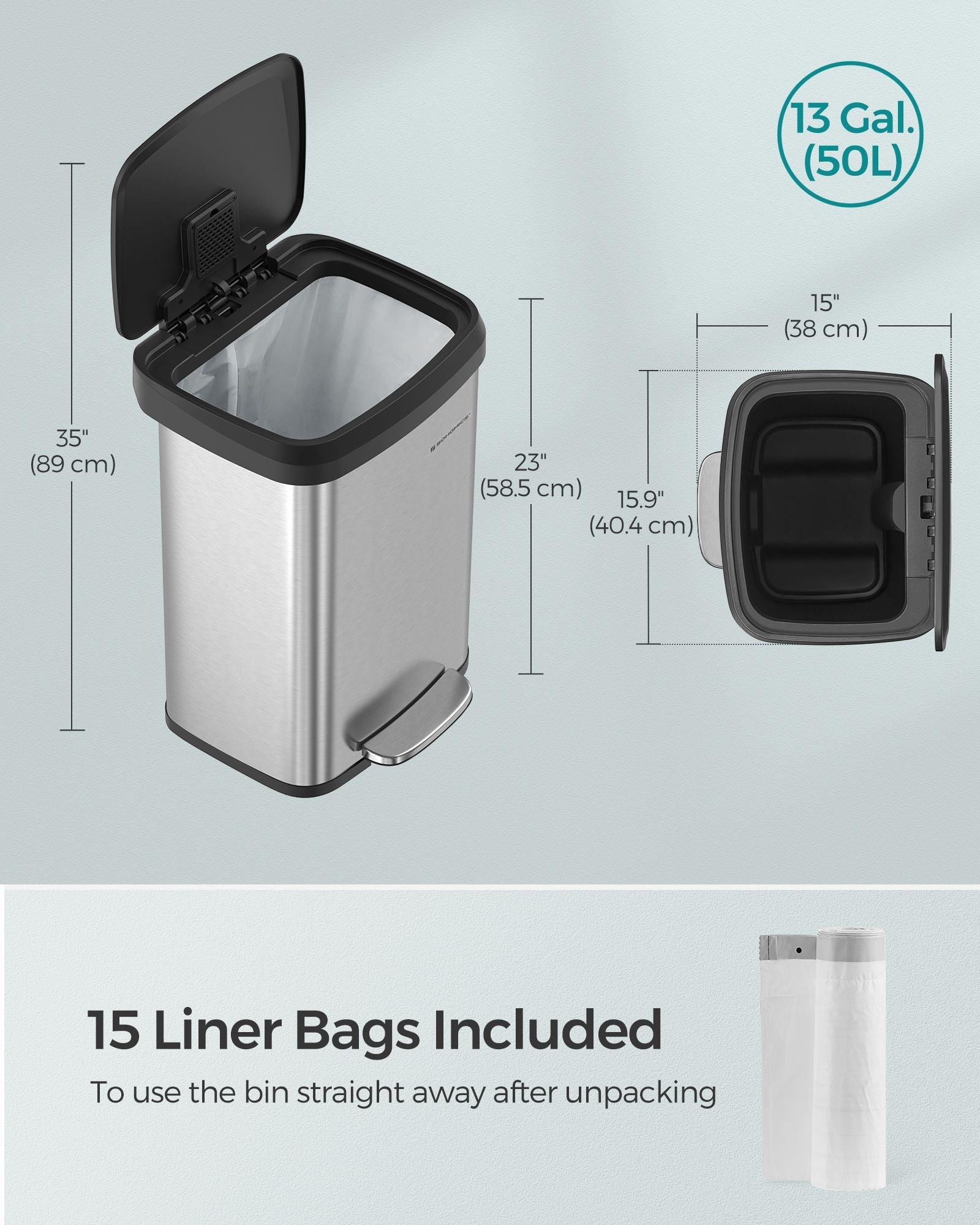 50L Metal Pedal Rubbish Bin – Silver – Large Capacity with Lid