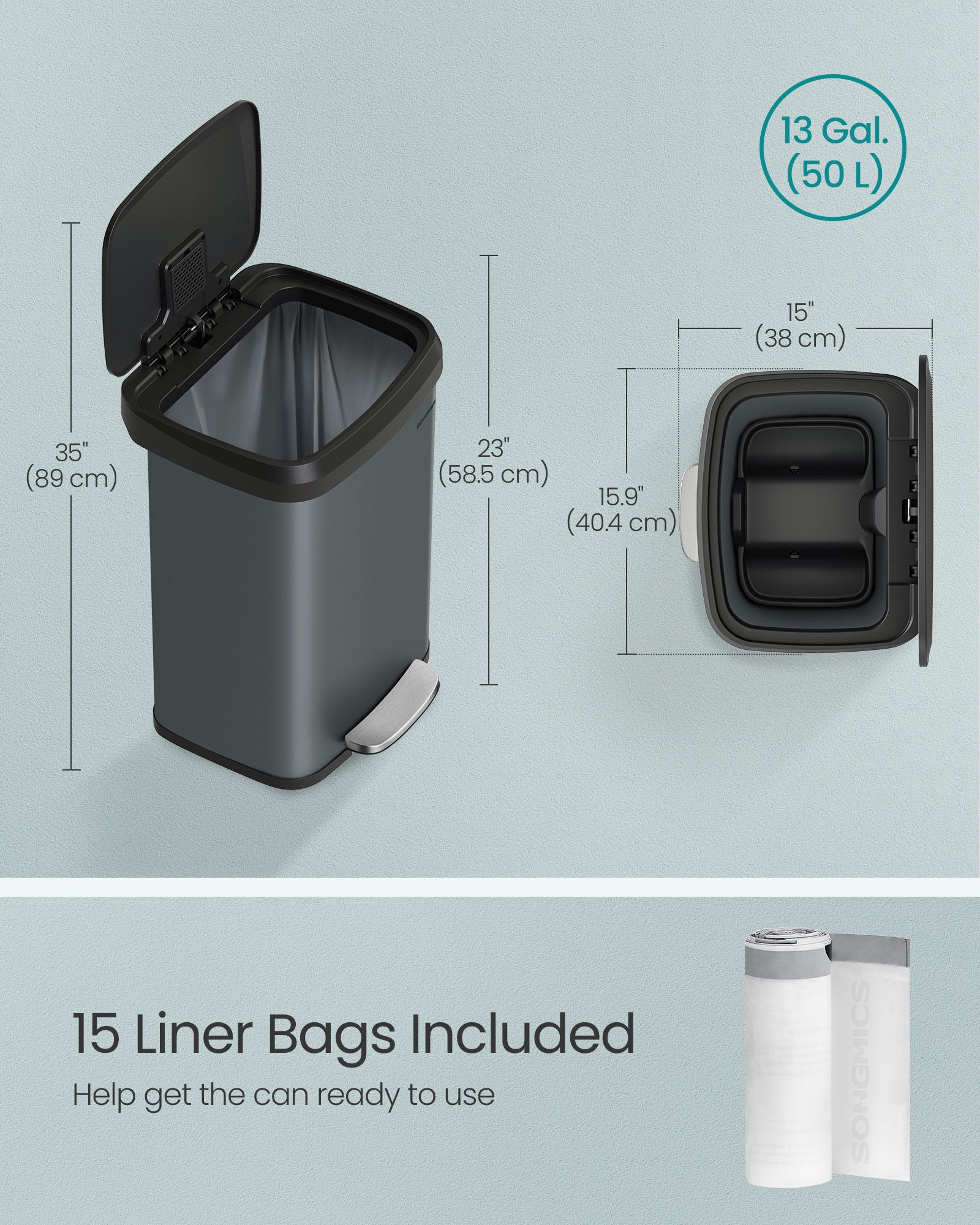 Metal Pedal Bin – Metal – Charcoal Grey and Black – 68L Capacity with Lid