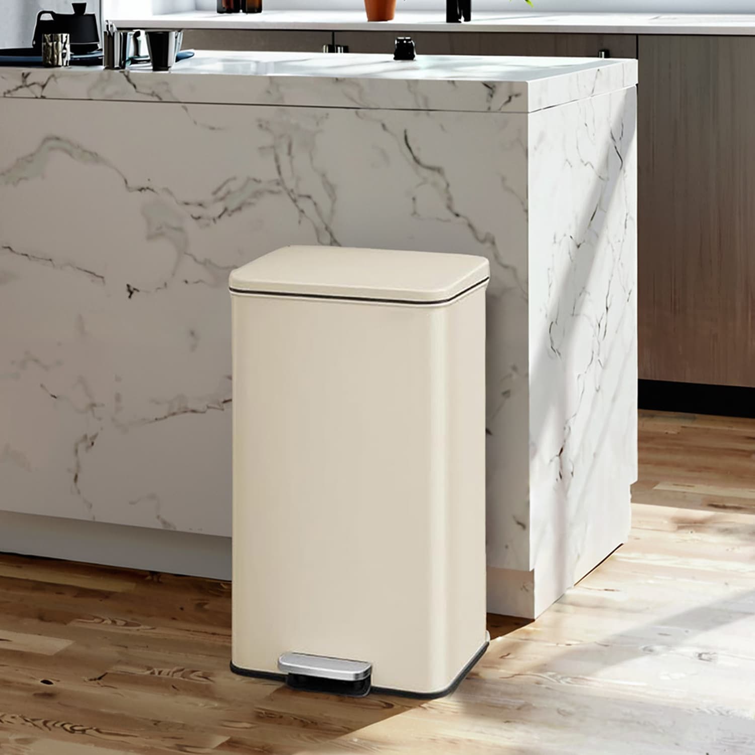Large Steel Pedal Trash Can – 40L – Beige – Soft Close with 15 Liners Included