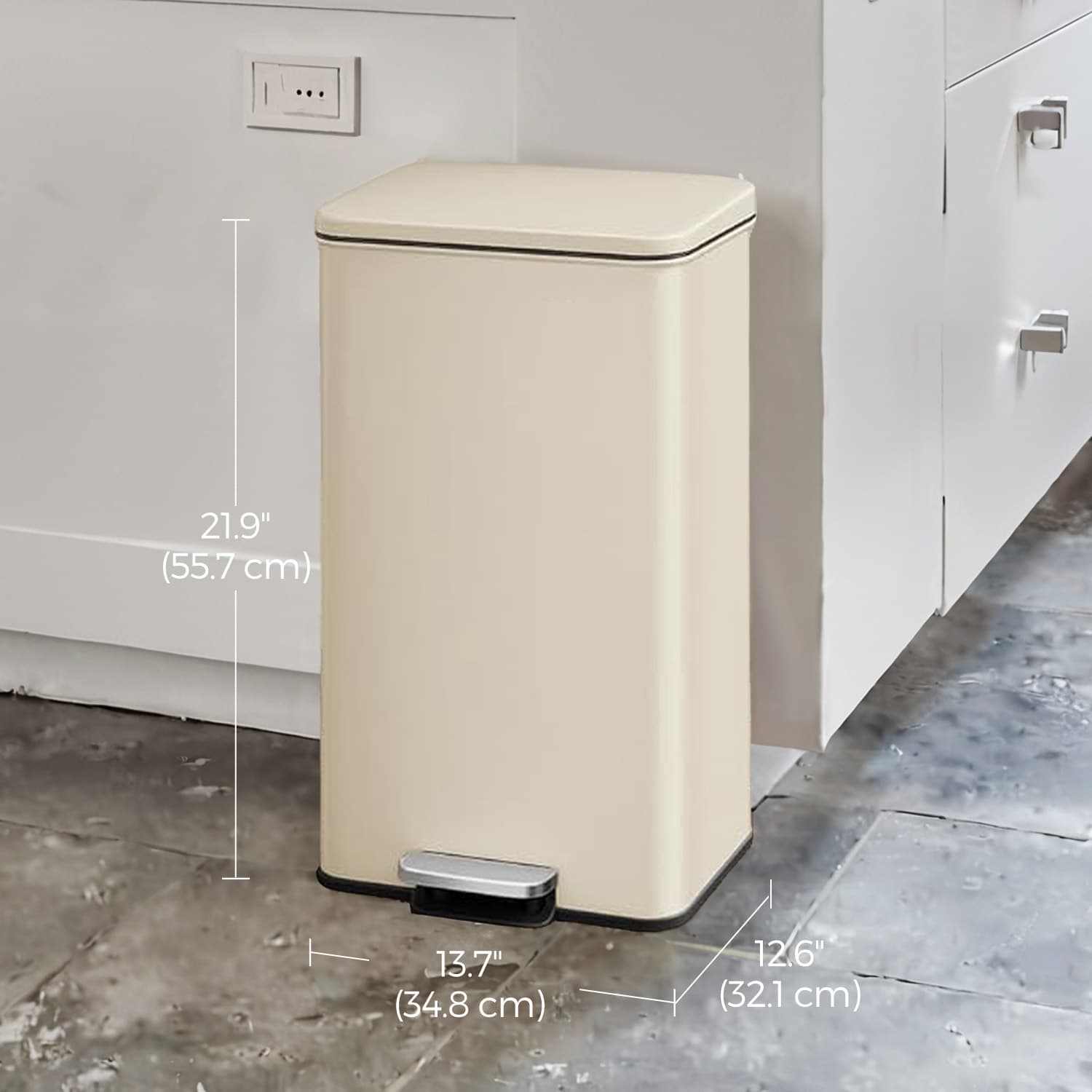 Large Steel Pedal Trash Can – 40L – Beige – Soft Close with 15 Liners Included