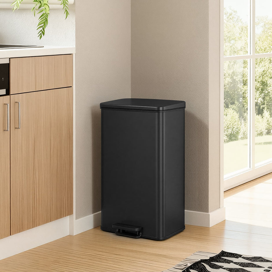 Large Step Waste Bin – Steel – Black – Soft Close Mechanism with Lid and 15 Liners Included