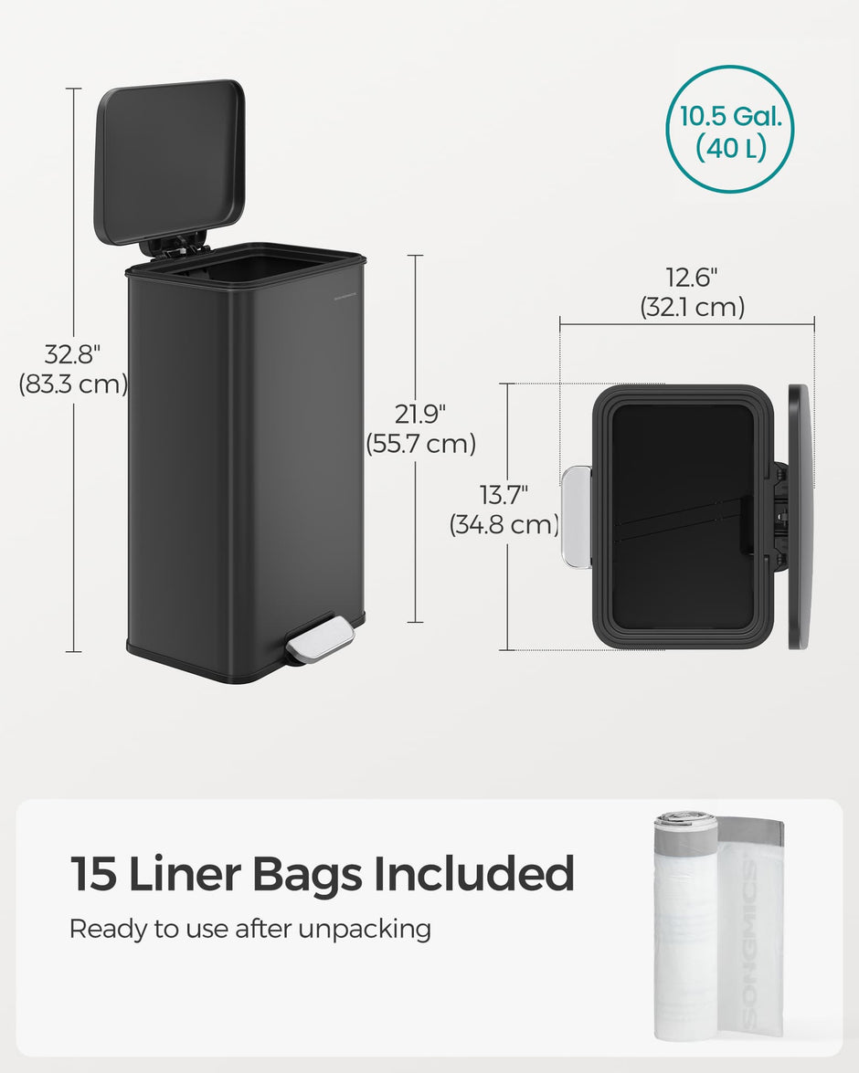 Large Steel Kitchen Bin – Black Finish – Soft Close Lid – 40L Capacity with 15 Liner Bags