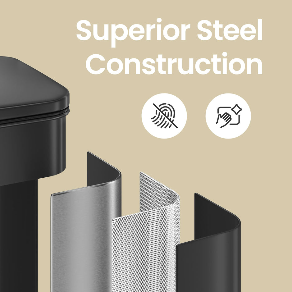 Large Step Waste Bin – Steel – Black – Soft Close Mechanism with Lid and 15 Liners Included