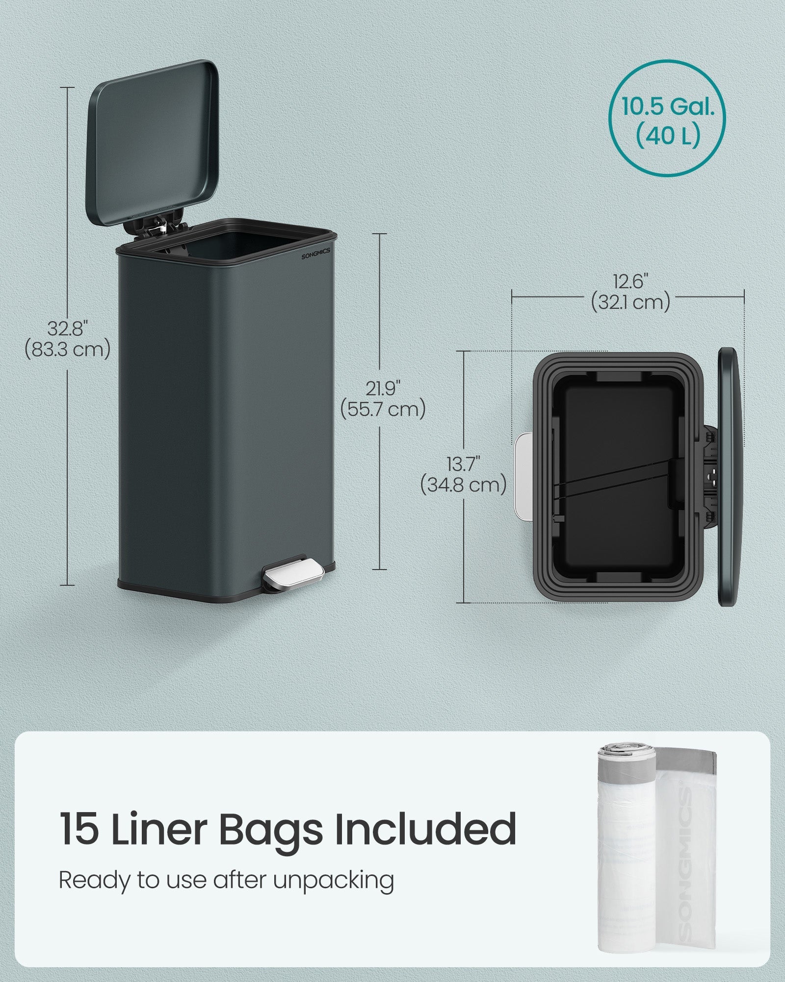 Large Step Rubbish Bin – Steel – Charcoal Grey – Soft Close with 15 Liner Bags Included