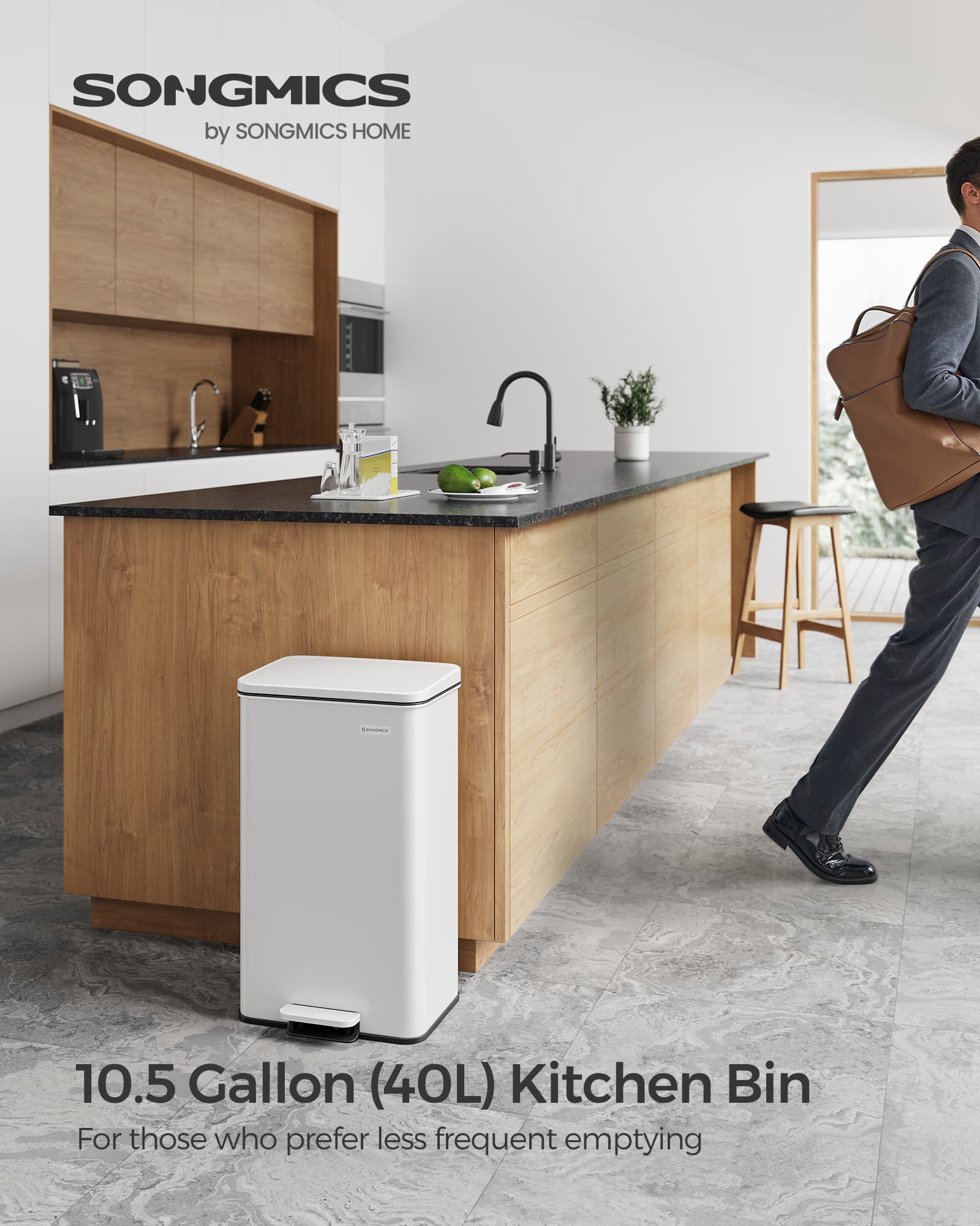 Kitchen Bin – Steel – White – 40L Capacity with Soft Close Lid, Includes 15 Liner Bags