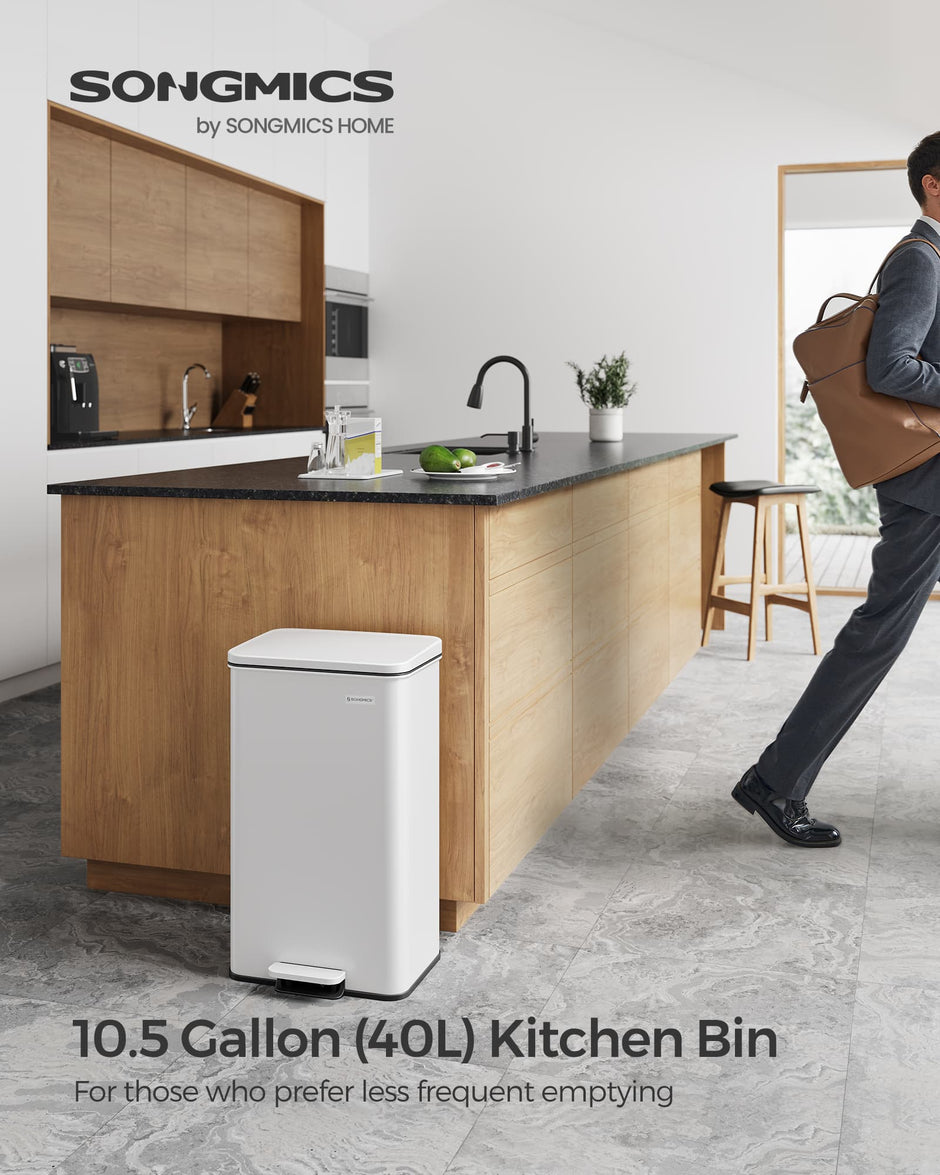 Kitchen Bin – Steel – White – 40L Capacity with Soft Close Lid, Includes 15 Liner Bags