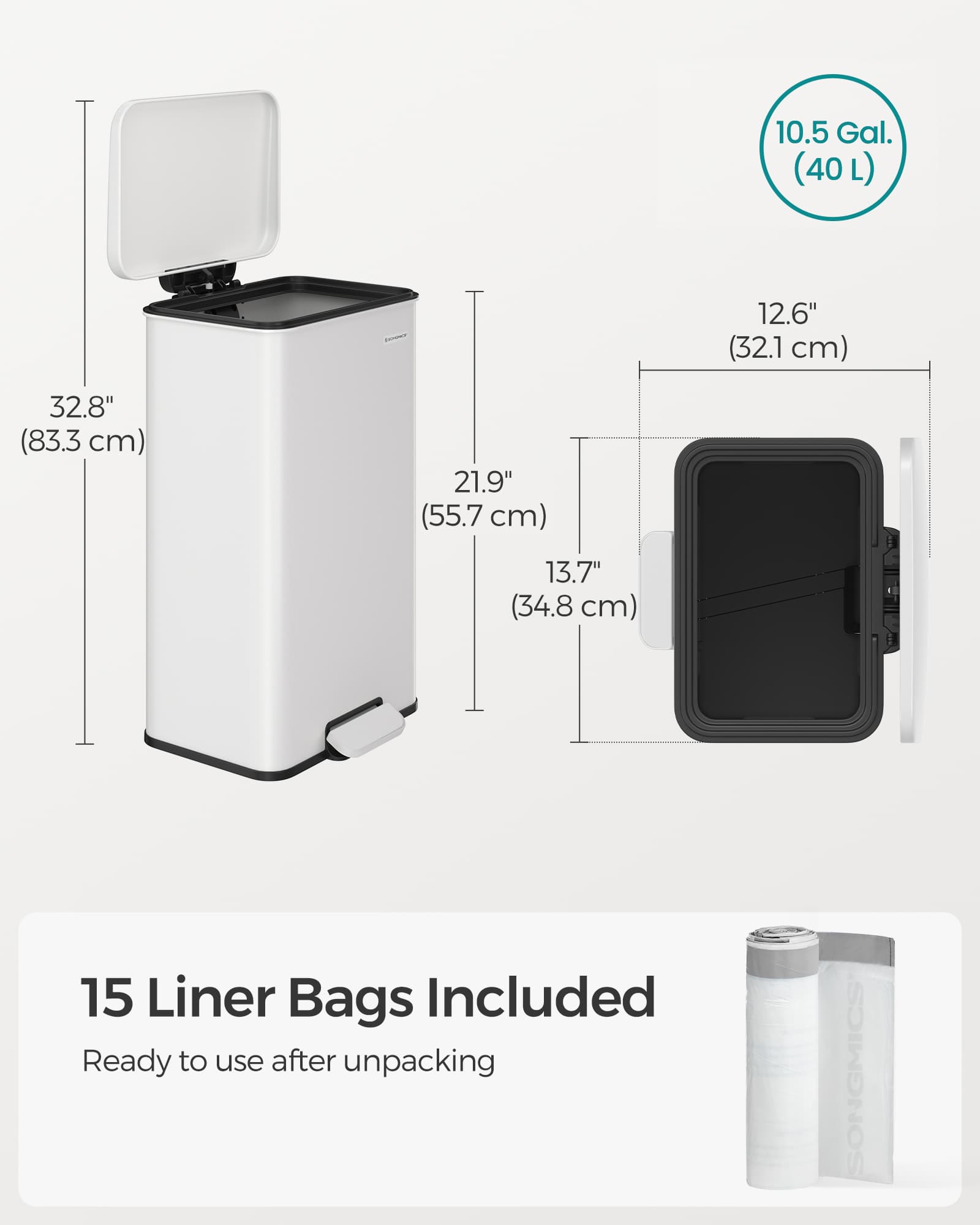 Kitchen Bin – Steel – White – 40L Capacity with Soft Close Lid, Includes 15 Liner Bags