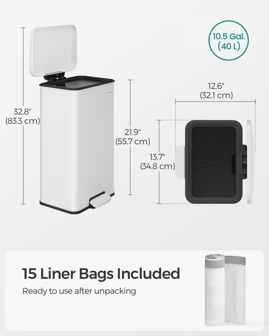 Kitchen Bin – Steel – White – 40L Capacity with Soft Close Lid, Includes 15 Liner Bags