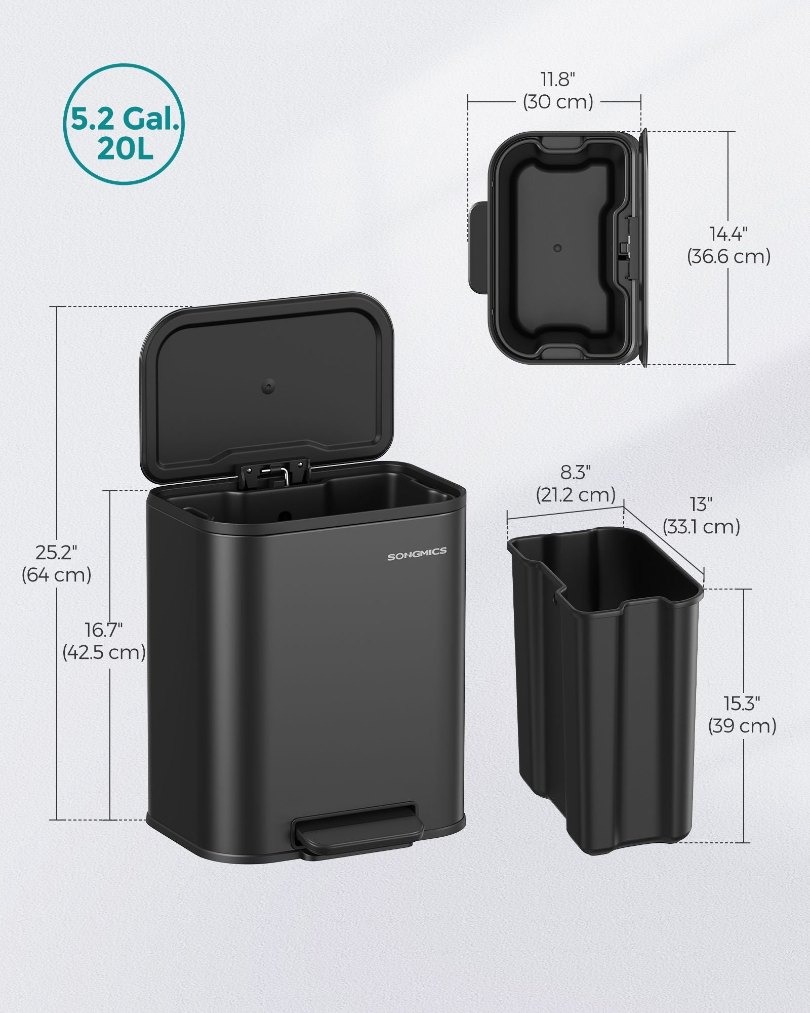 20L Kitchen Bin – Steel – Ink Black – Soft-Close Lid and Wide Non-Slip Pedal