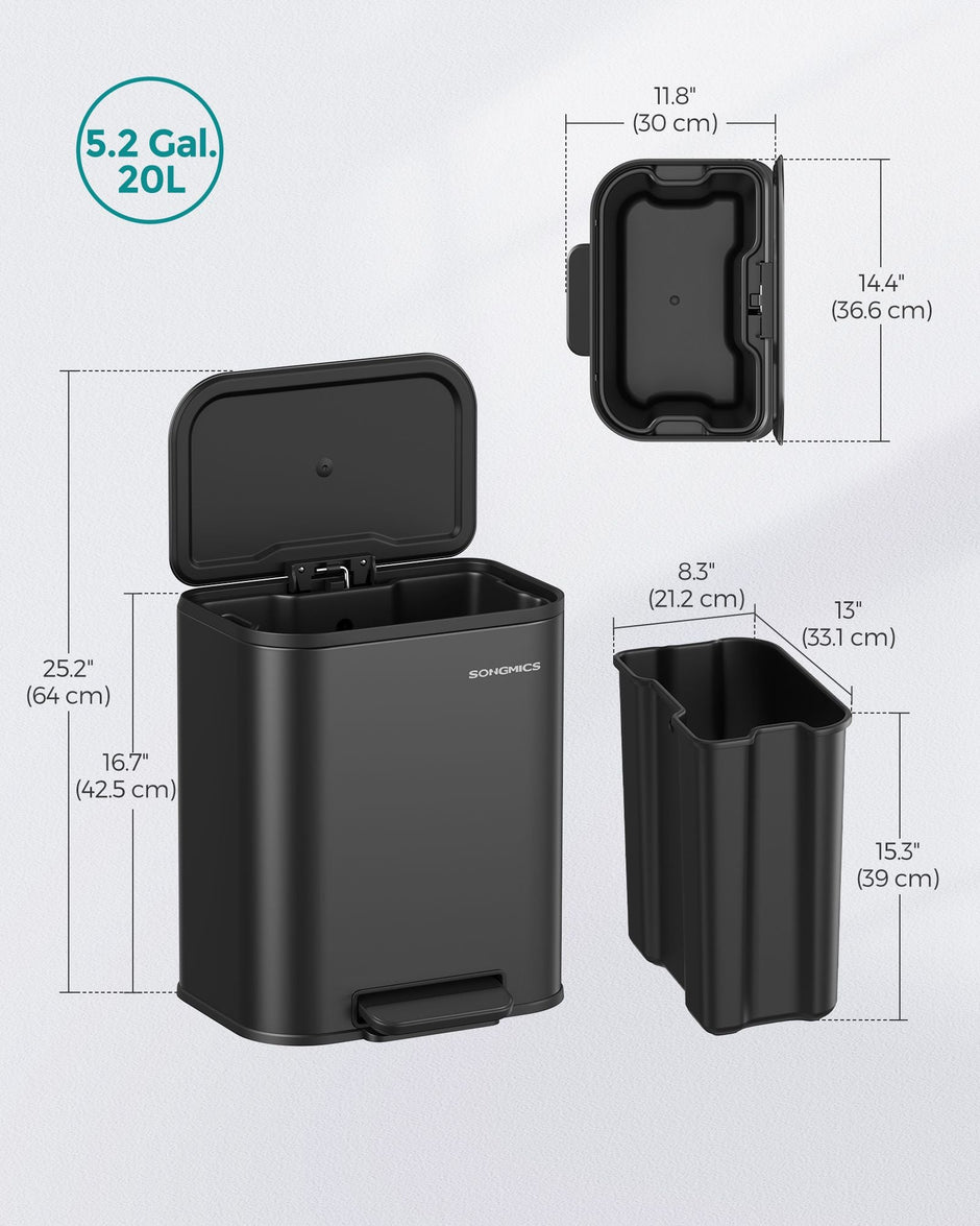 20L Kitchen Bin – Steel – Ink Black – Soft-Close Lid and Wide Non-Slip Pedal