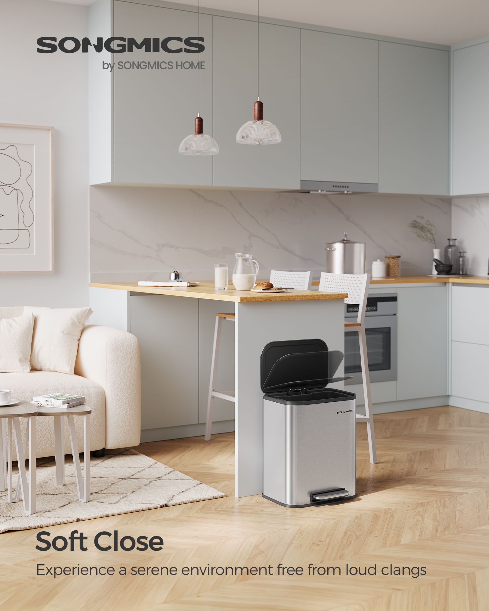 20L Steel Kitchen Trash Bin – Metallic Silver – Soft-Close Lid, Non-Slip Pedal