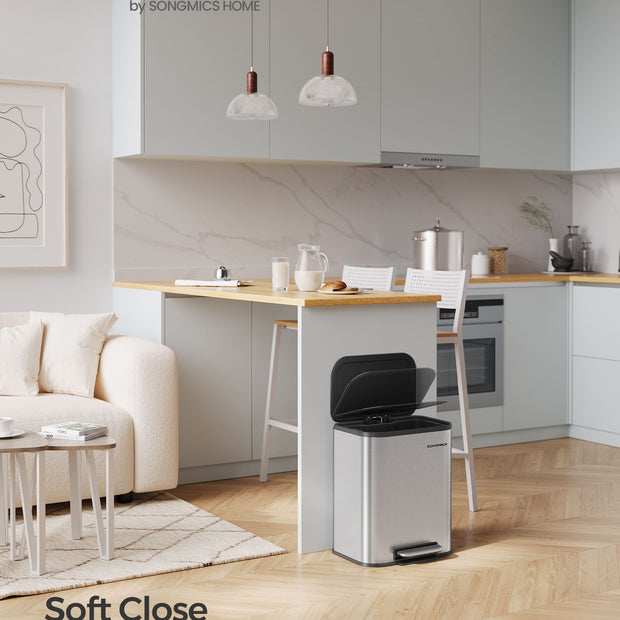20L Steel Kitchen Trash Bin – Metallic Silver – Soft-Close Lid, Non-Slip Pedal