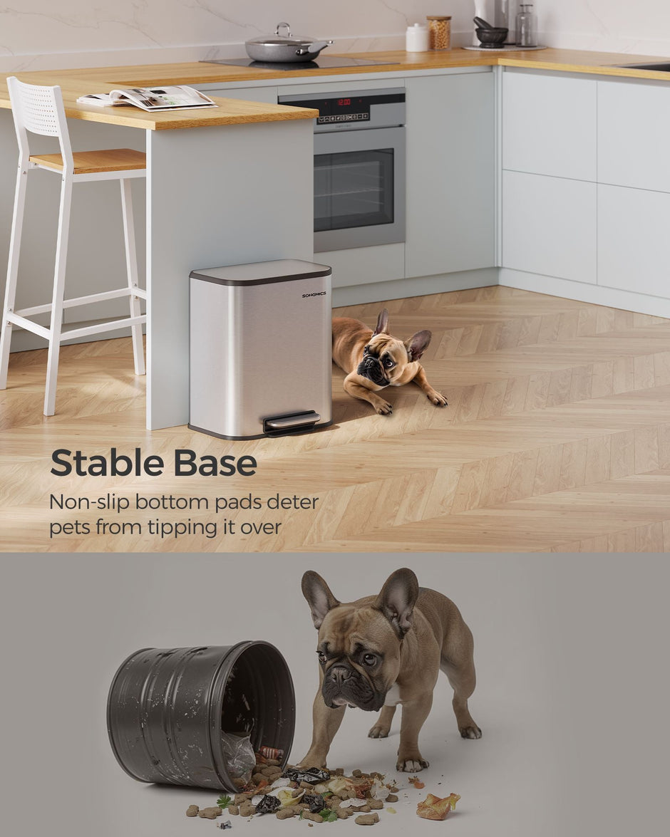20L Steel Kitchen Trash Bin – Metallic Silver – Soft-Close Lid, Non-Slip Pedal