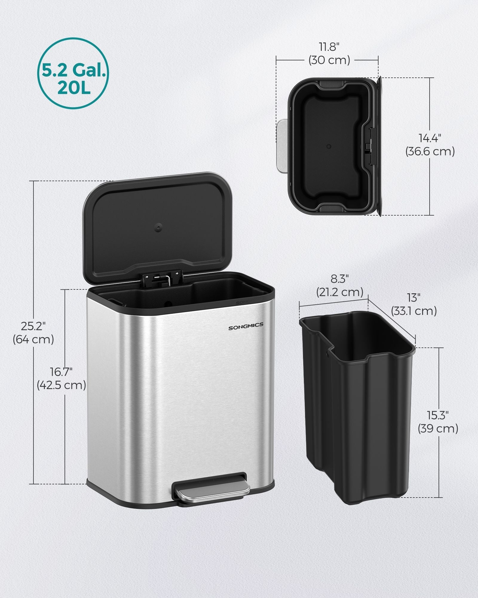20L Steel Kitchen Trash Bin – Metallic Silver – Soft-Close Lid, Non-Slip Pedal