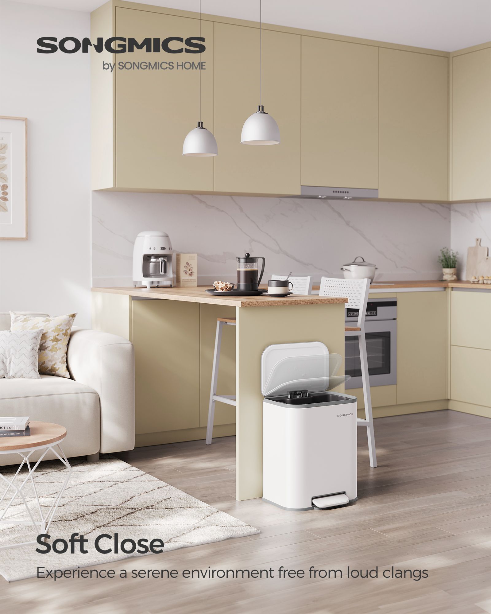 20L Kitchen Bin – Steel – Cloud White – Soft-Close Lid and Wide Non-Slip Pedal