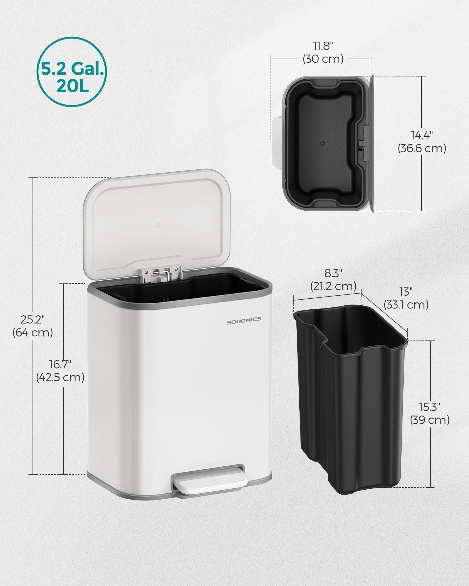 20L Kitchen Bin – Steel – Cloud White – Soft-Close Lid and Wide Non-Slip Pedal