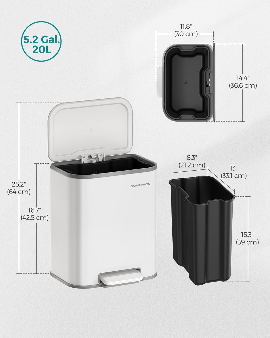 20L Kitchen Bin – Steel – Cloud White – Soft-Close Lid and Wide Non-Slip Pedal