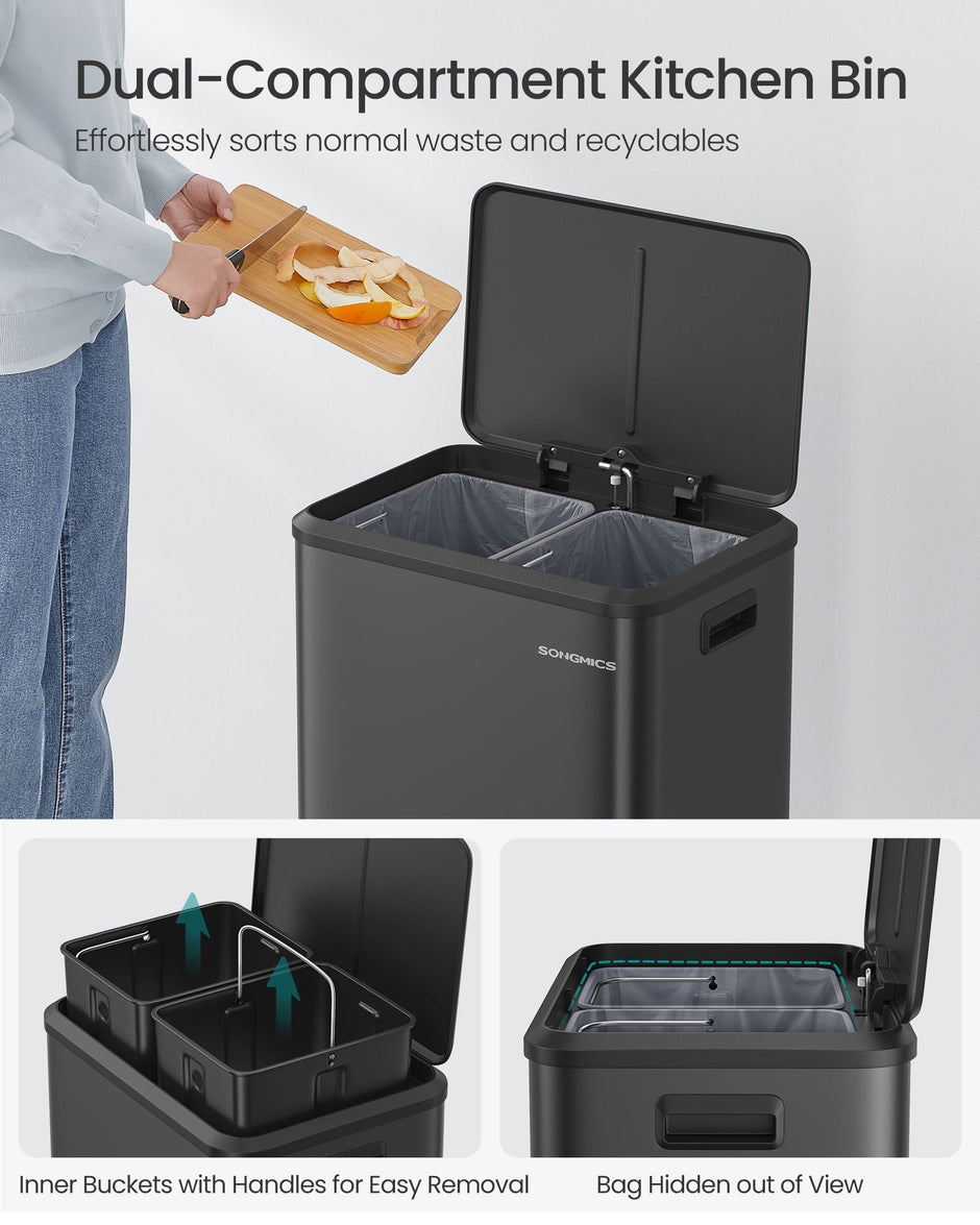 Double Bin – Steel – Metallic Silver – Soft-Close Lid, Wide Sturdy Pedal