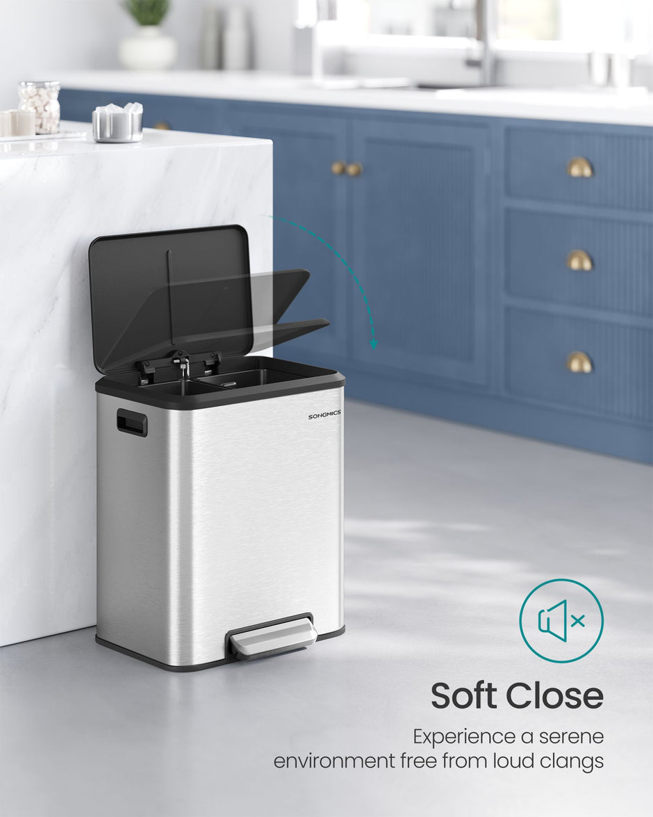 Double Bin – Steel – Metallic Silver – Soft-Close Lid, Wide Sturdy Pedal