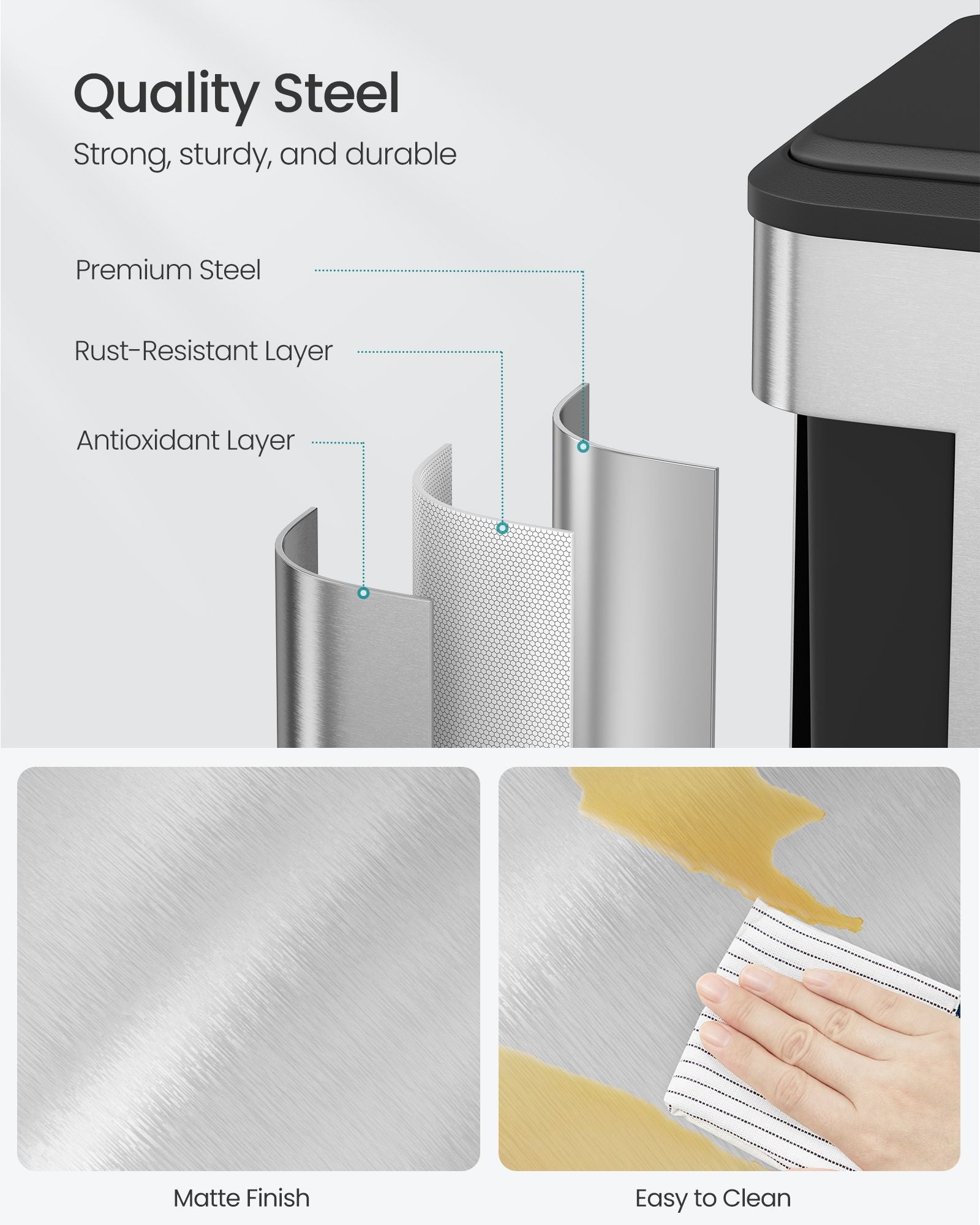 Double Bin – Steel – Metallic Silver – Soft-Close Lid, Wide Sturdy Pedal
