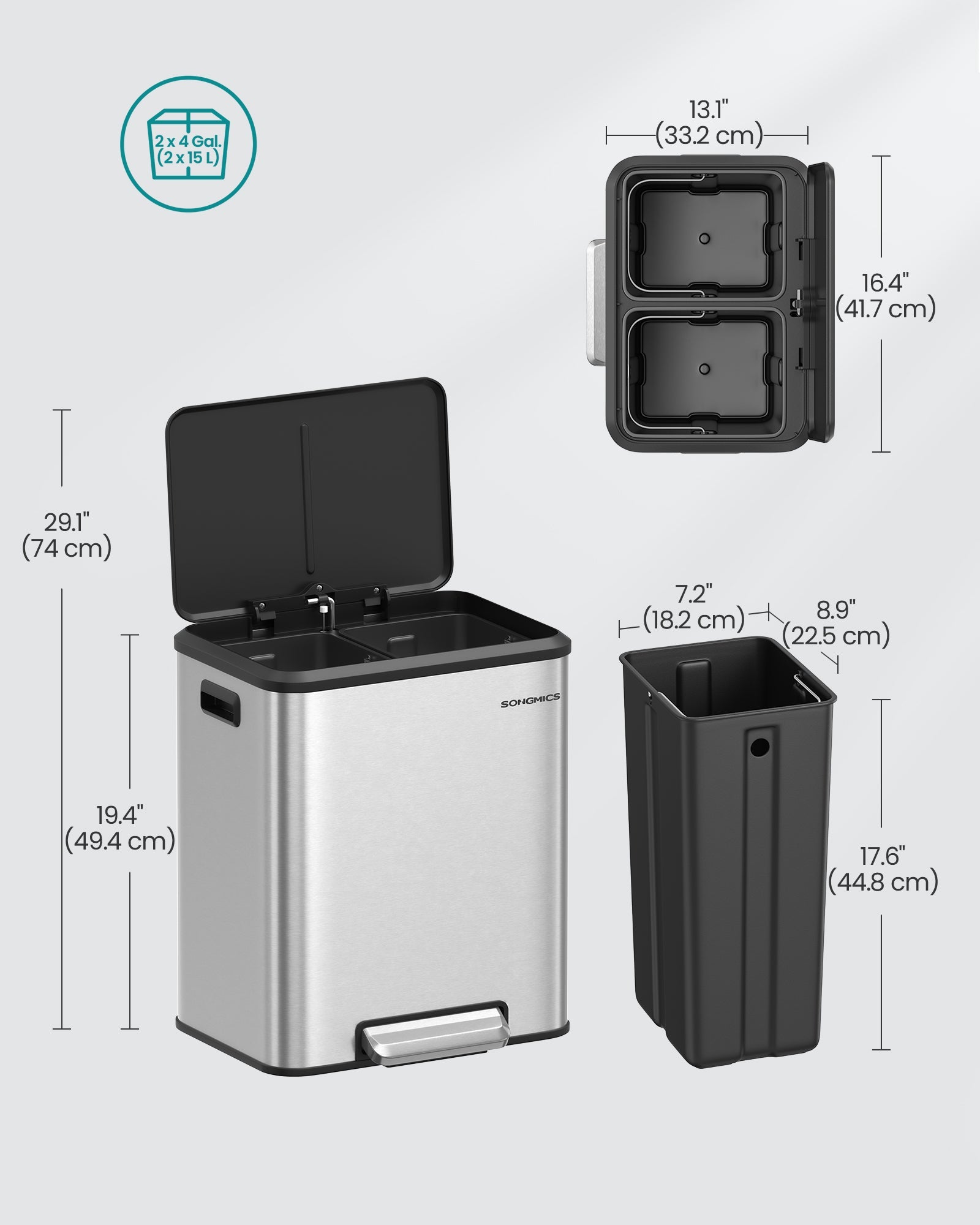 Double Bin – Steel – Metallic Silver – Soft-Close Lid, Wide Sturdy Pedal