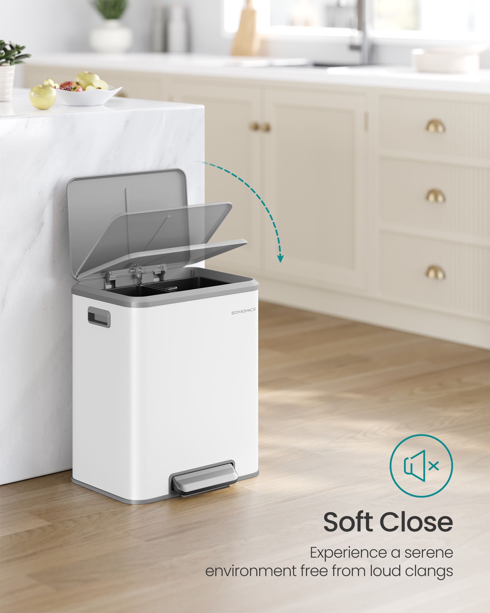 Double Bin – Steel – Cloud White – Soft-Close Lid, Inner Buckets for Recycling and Waste