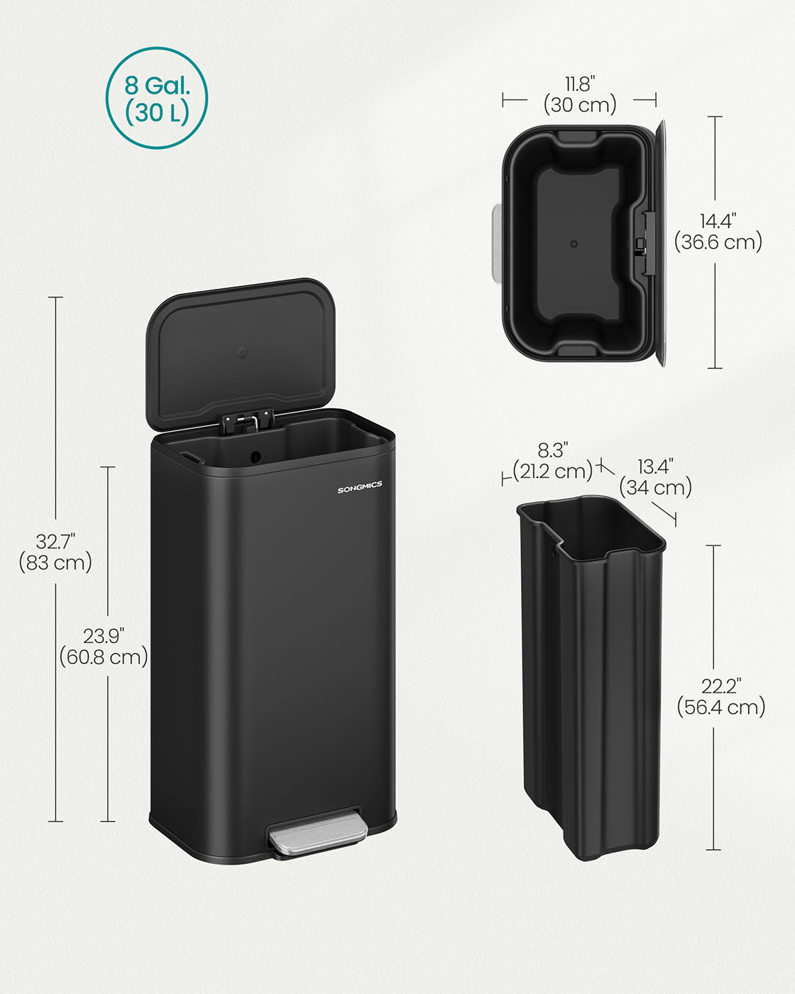 Pedal Bin – Steel – Ink Black – 30 L Capacity with Soft-Close Lid and Wide Non-Slip Pedal