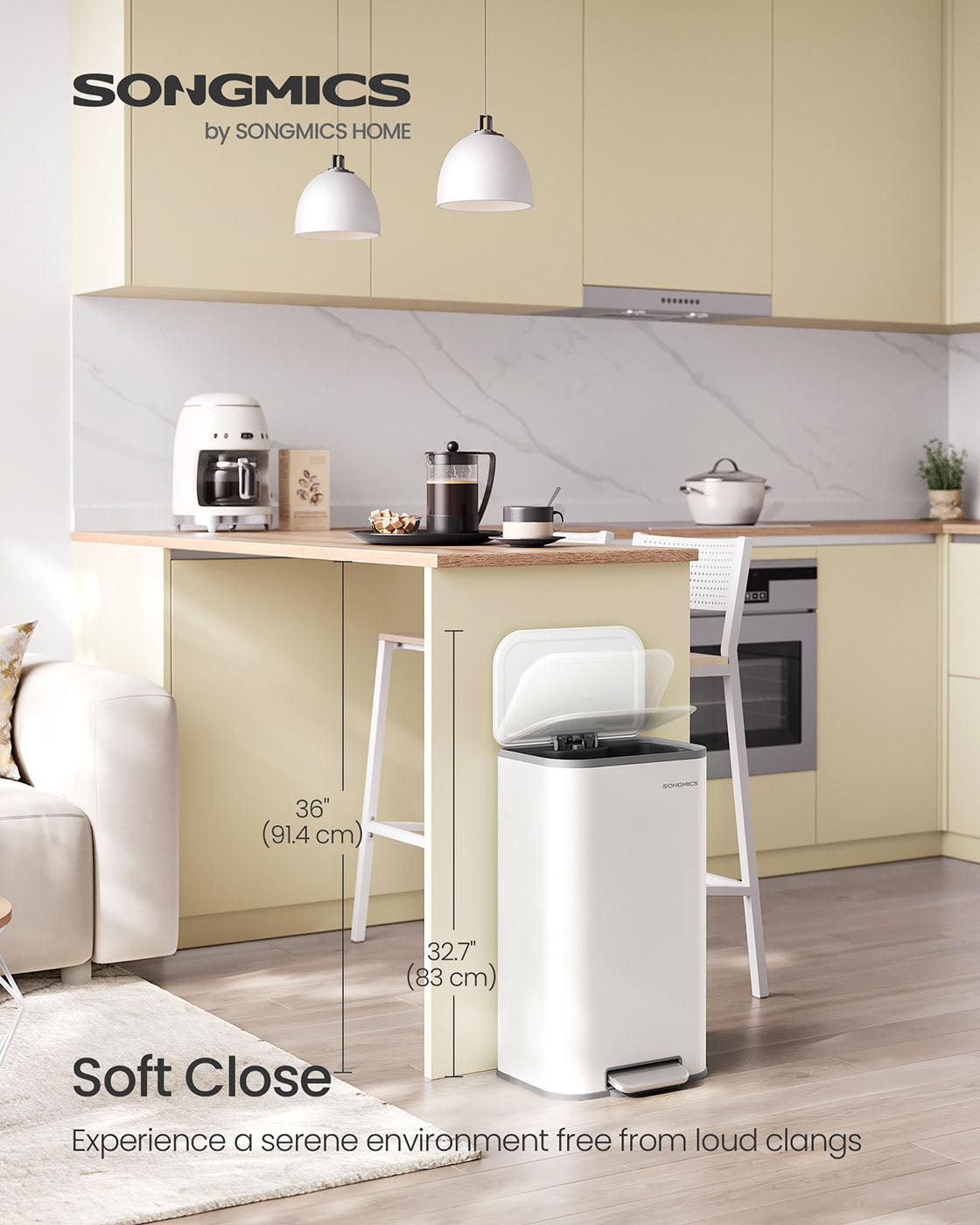 Kitchen Bin – Steel – Metallic Silver – 30 L Soft-Close Lid with Wide Non-Slip Pedal