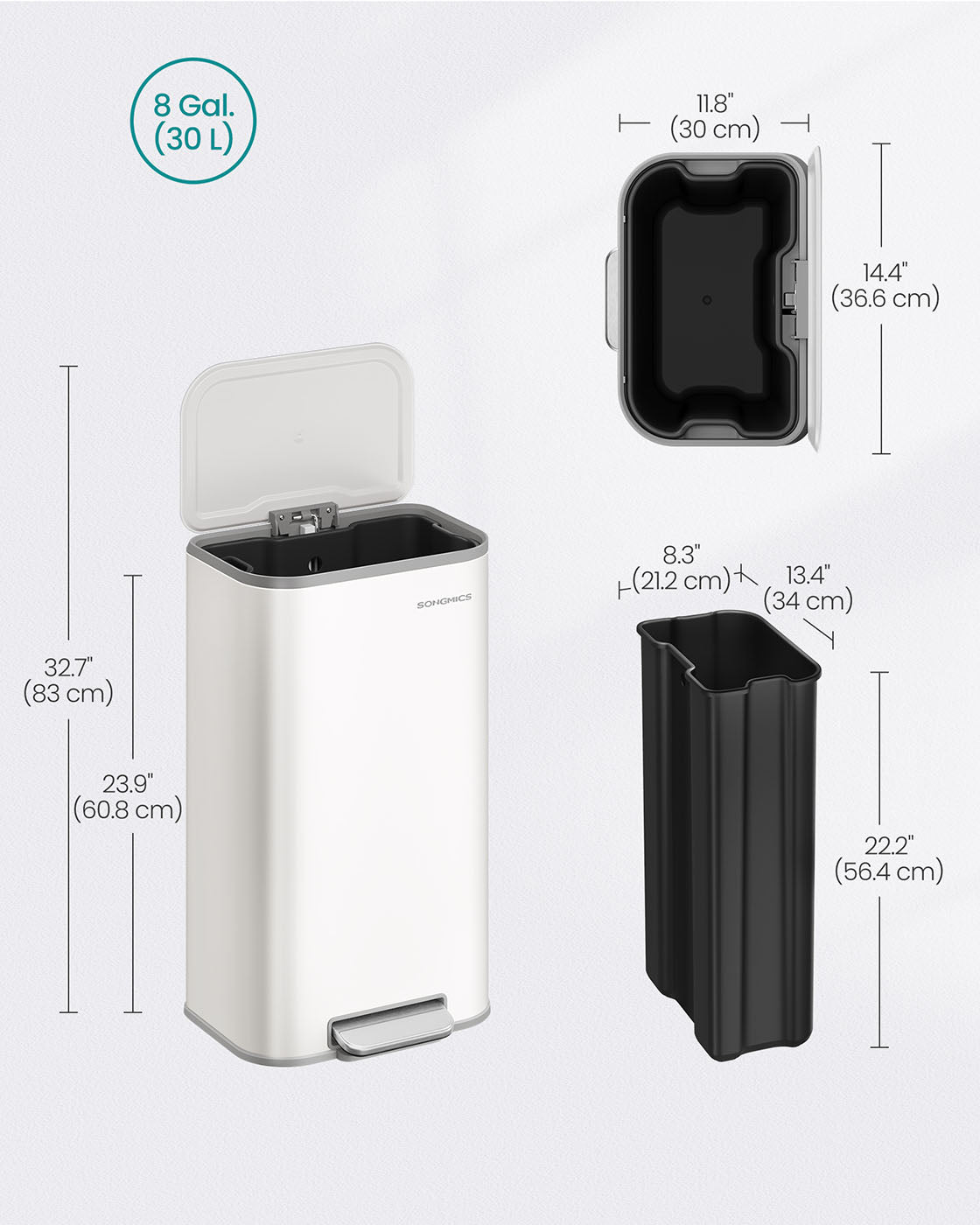 Kitchen Bin – Steel – Metallic Silver – 30 L Soft-Close Lid with Wide Non-Slip Pedal