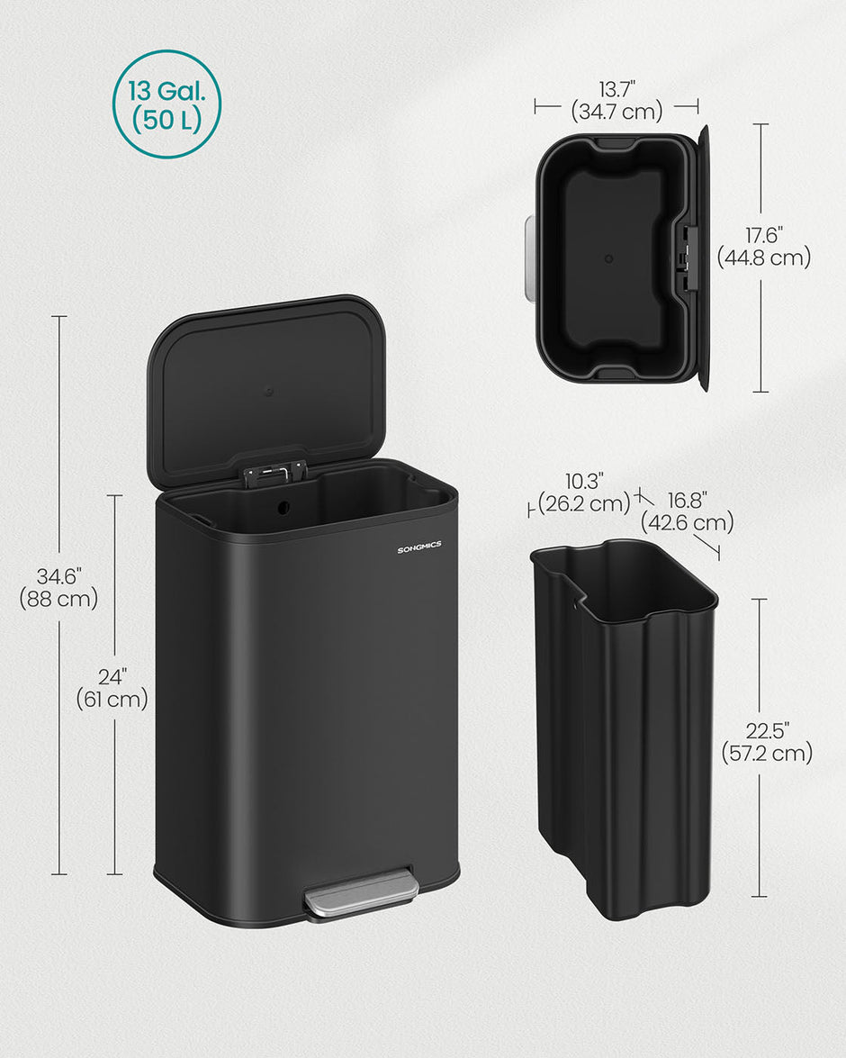 Pedal Bin – Steel – Ink Black – 50 L Soft-Close Lid with Wide Non-Slip Pedal