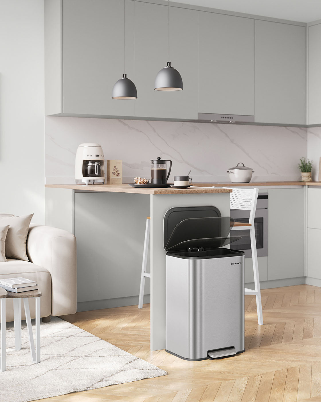 Trash Bin – Steel – Metallic Silver – 50L Capacity, Soft-Close Lid, Wide Non-Slip Pedal