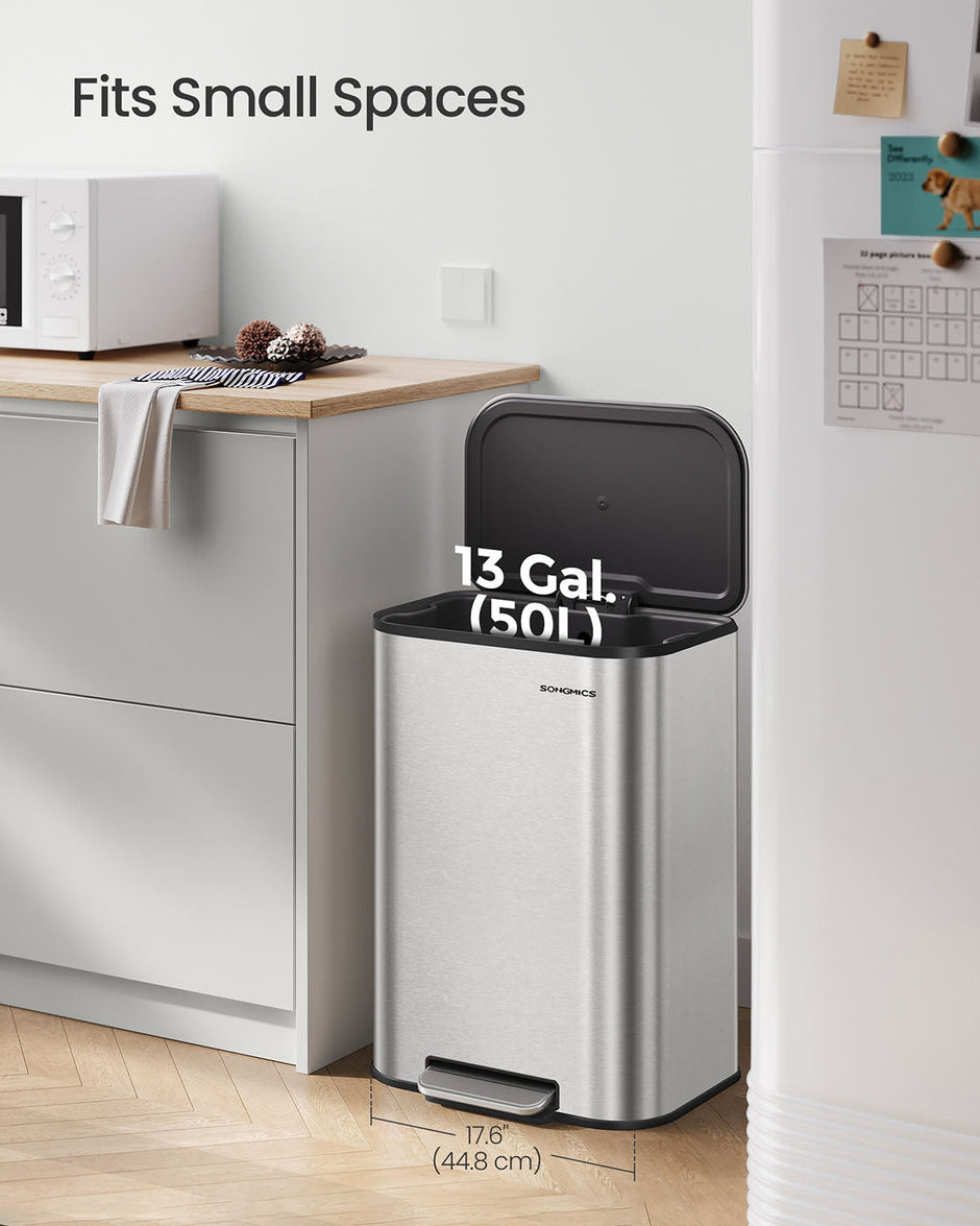 Trash Bin – Steel – Metallic Silver – 50L Capacity, Soft-Close Lid, Wide Non-Slip Pedal