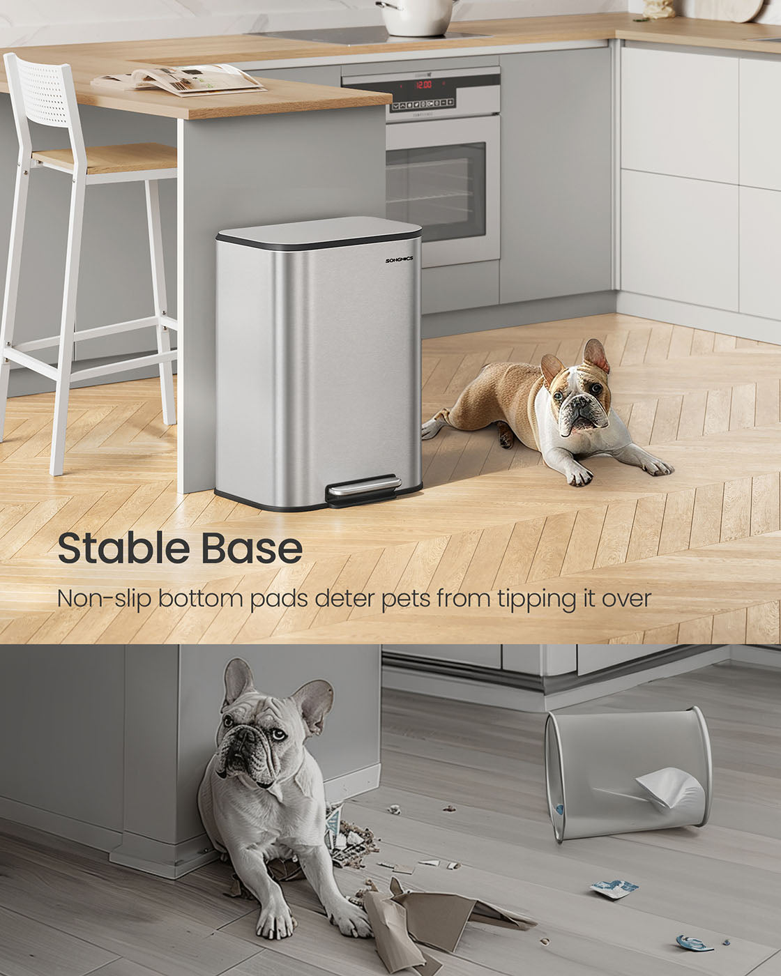 Trash Bin – Steel – Metallic Silver – 50L Capacity, Soft-Close Lid, Wide Non-Slip Pedal