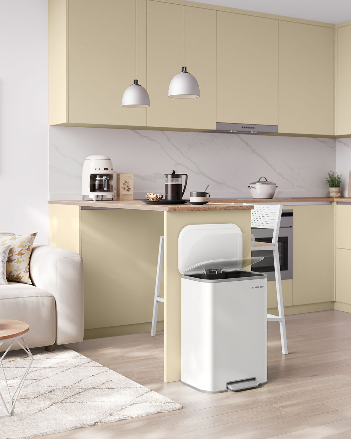 Trash Bin – Steel – Cloud White – 50 L Soft-Close Lid with Wide Non-Slip Pedal