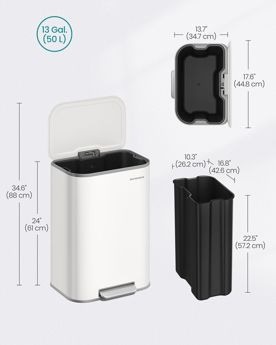 Trash Bin – Steel – Cloud White – 50 L Soft-Close Lid with Wide Non-Slip Pedal
