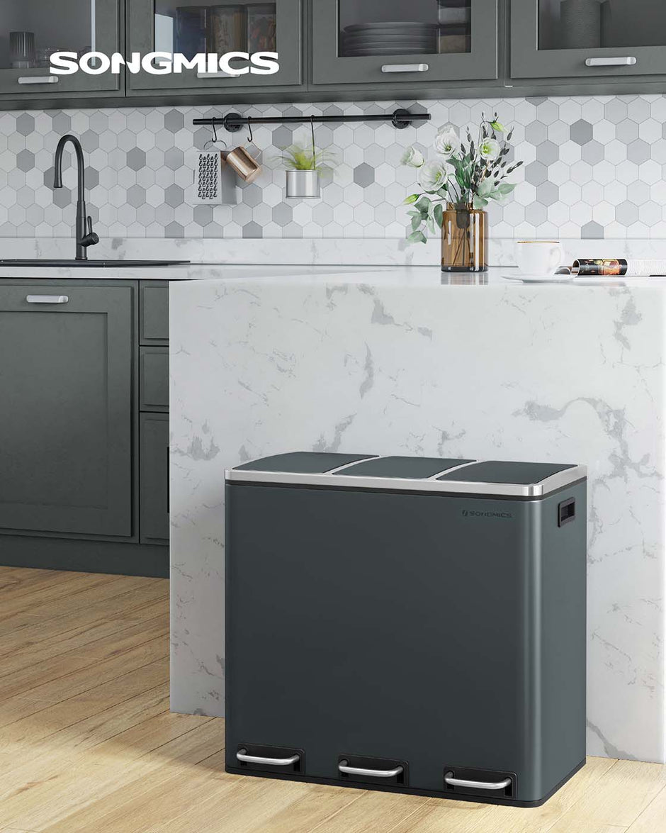 Kitchen Rubbish Bin – Stainless Steel – Fingerprint-Proof – Three Compartment with Soft-Closing Lids and Pedals
