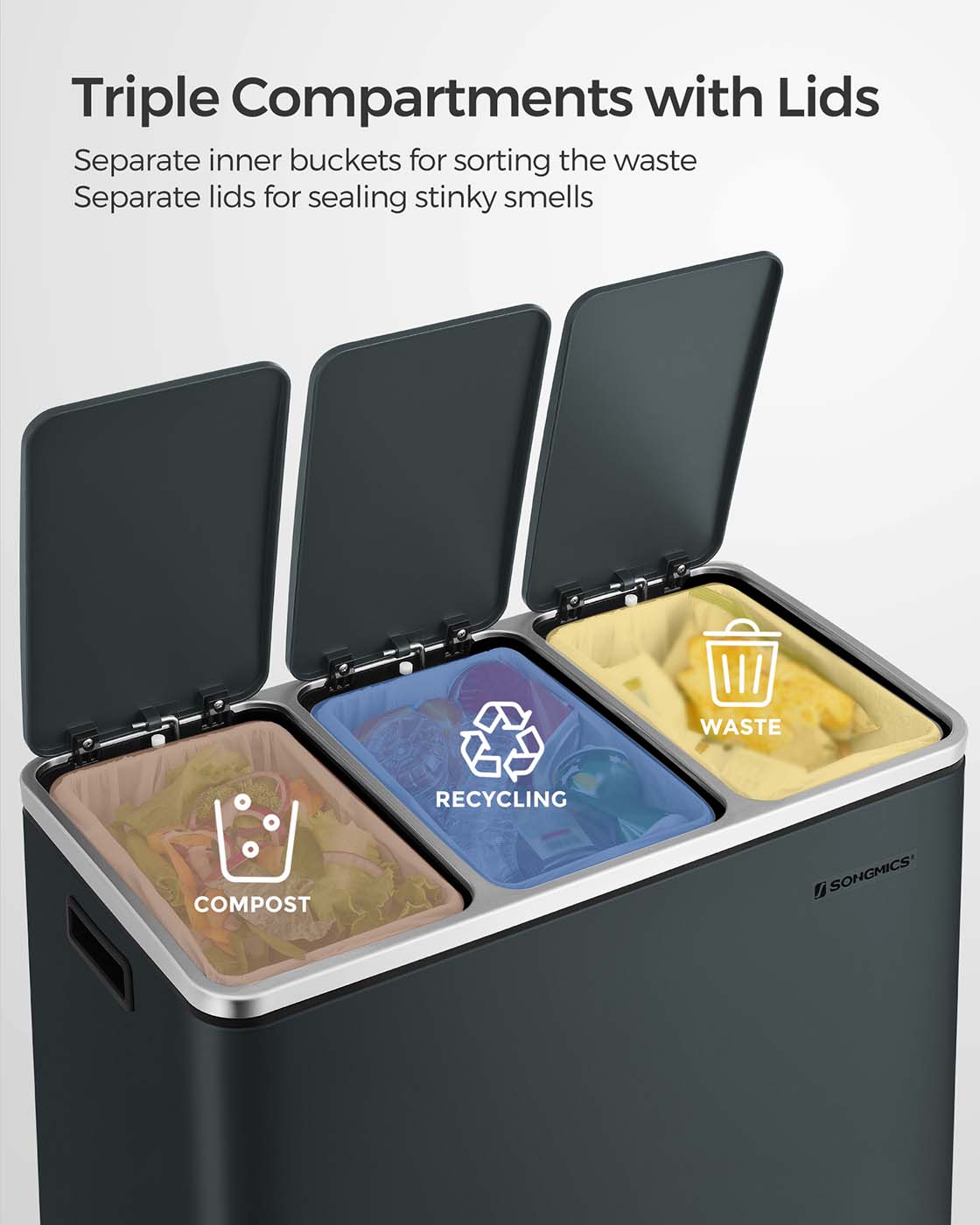 Kitchen Rubbish Bin – Stainless Steel – Fingerprint-Proof – Three Compartment with Soft-Closing Lids and Pedals