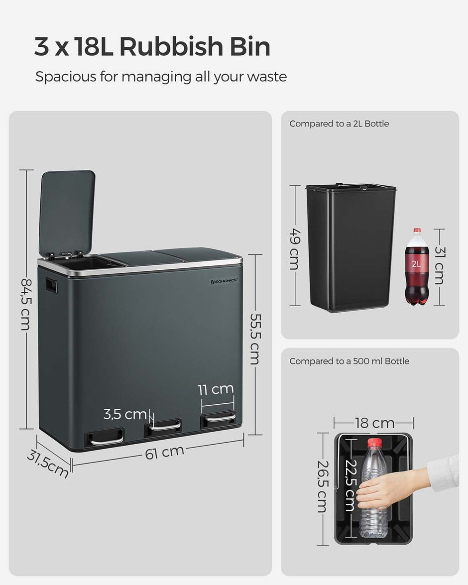 Kitchen Rubbish Bin – Stainless Steel – Fingerprint-Proof – Three Compartment with Soft-Closing Lids and Pedals