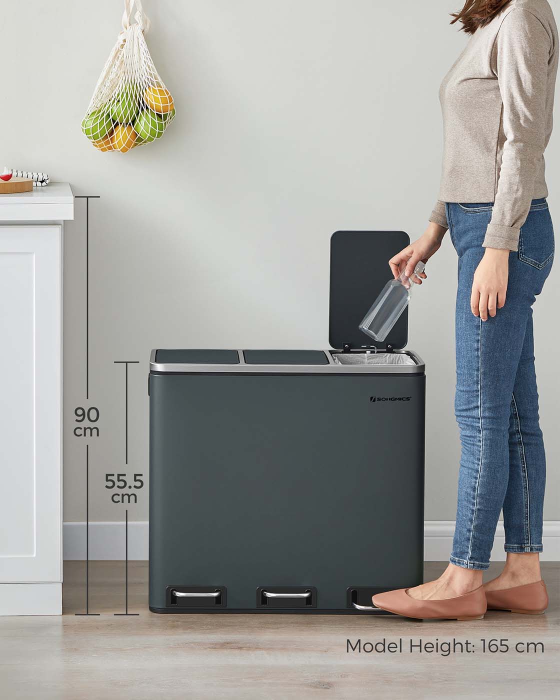 Kitchen Rubbish Bin – Stainless Steel – Fingerprint-Proof – Three Compartment with Soft-Closing Lids and Pedals