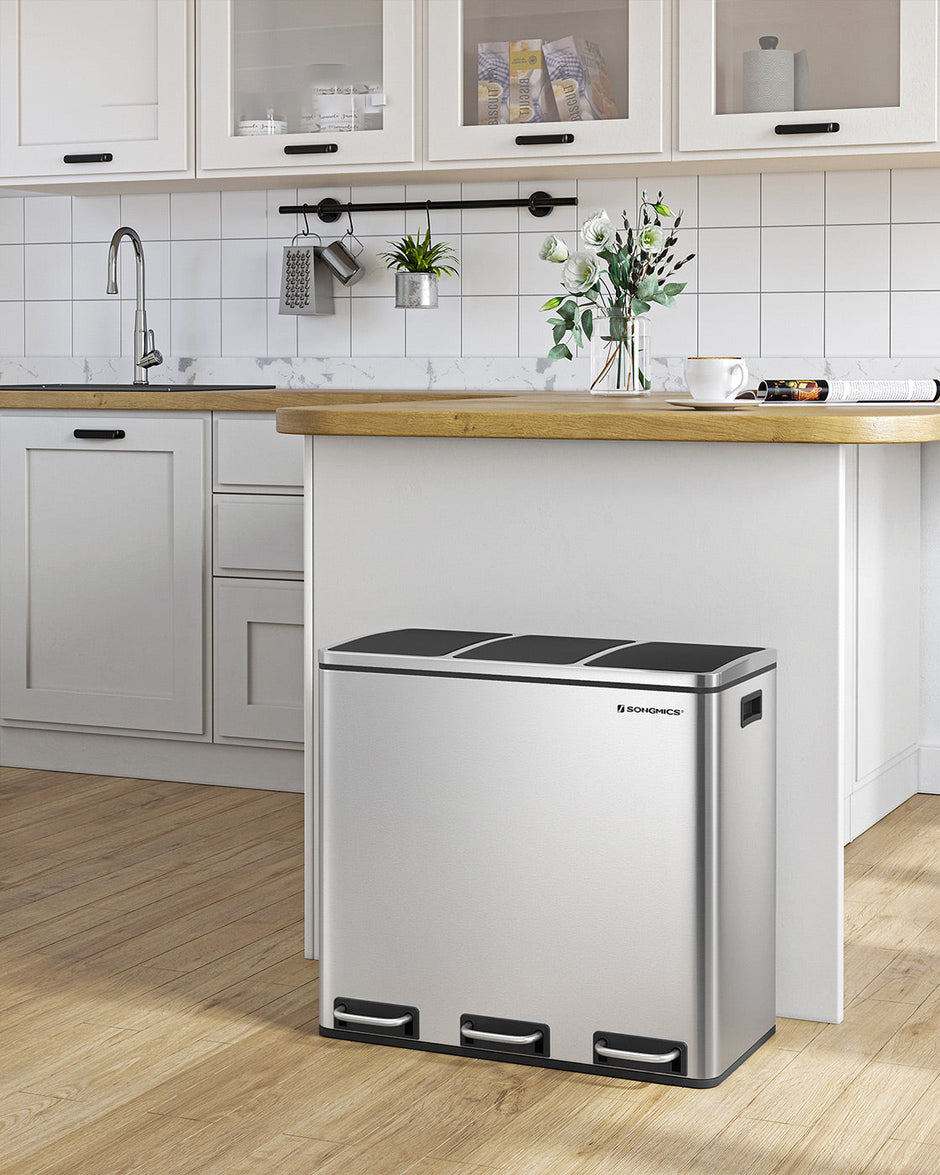 Recycling Bin – Stainless Steel – Fingerprint-Proof – Soft-Closing Lids, 3 Compartments, 54L Capacity
