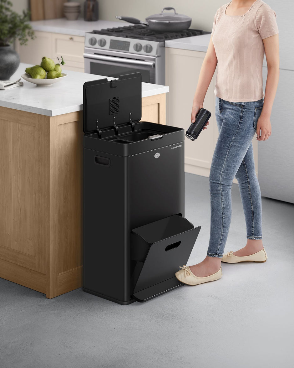 3-Compartment Kitchen Bin – Plastic – Black – Includes Carbon Filter and Wide Pedal