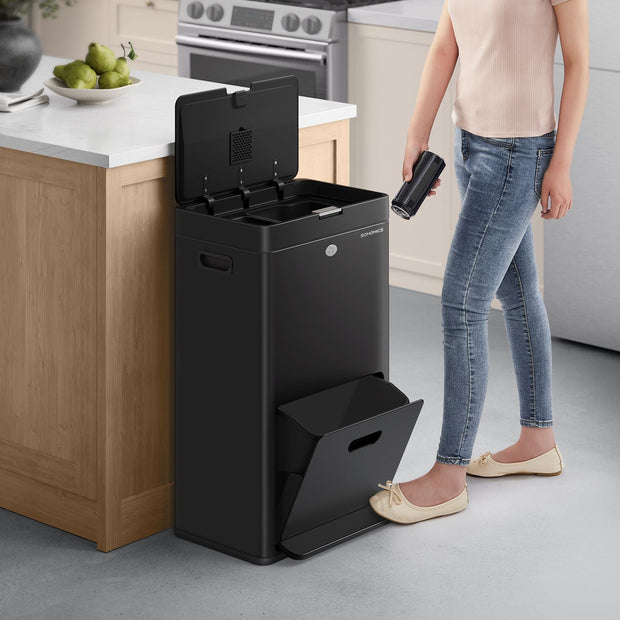 3-Compartment Kitchen Bin – Plastic – Black – Includes Carbon Filter and Wide Pedal