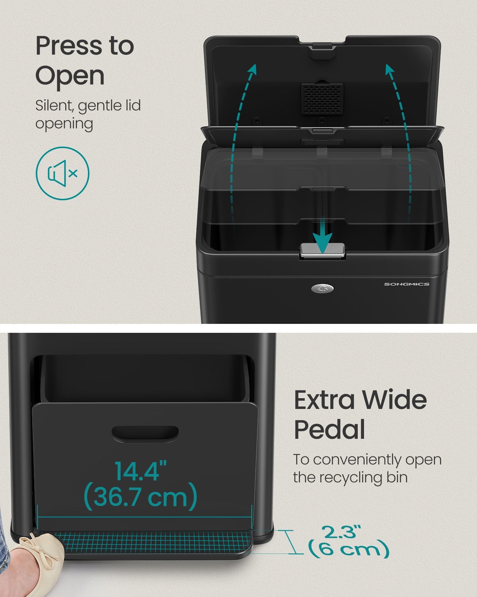3-Compartment Kitchen Bin – Plastic – Black – Includes Carbon Filter and Wide Pedal