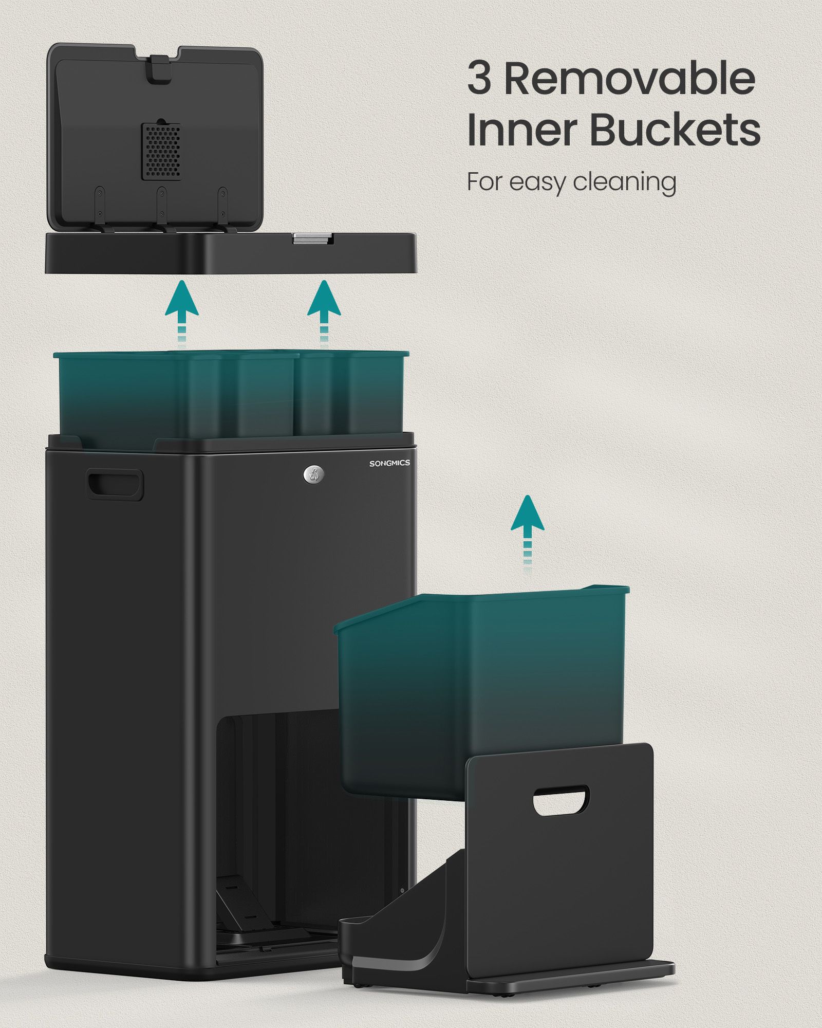 3-Compartment Kitchen Bin – Plastic – Black – Includes Carbon Filter and Wide Pedal