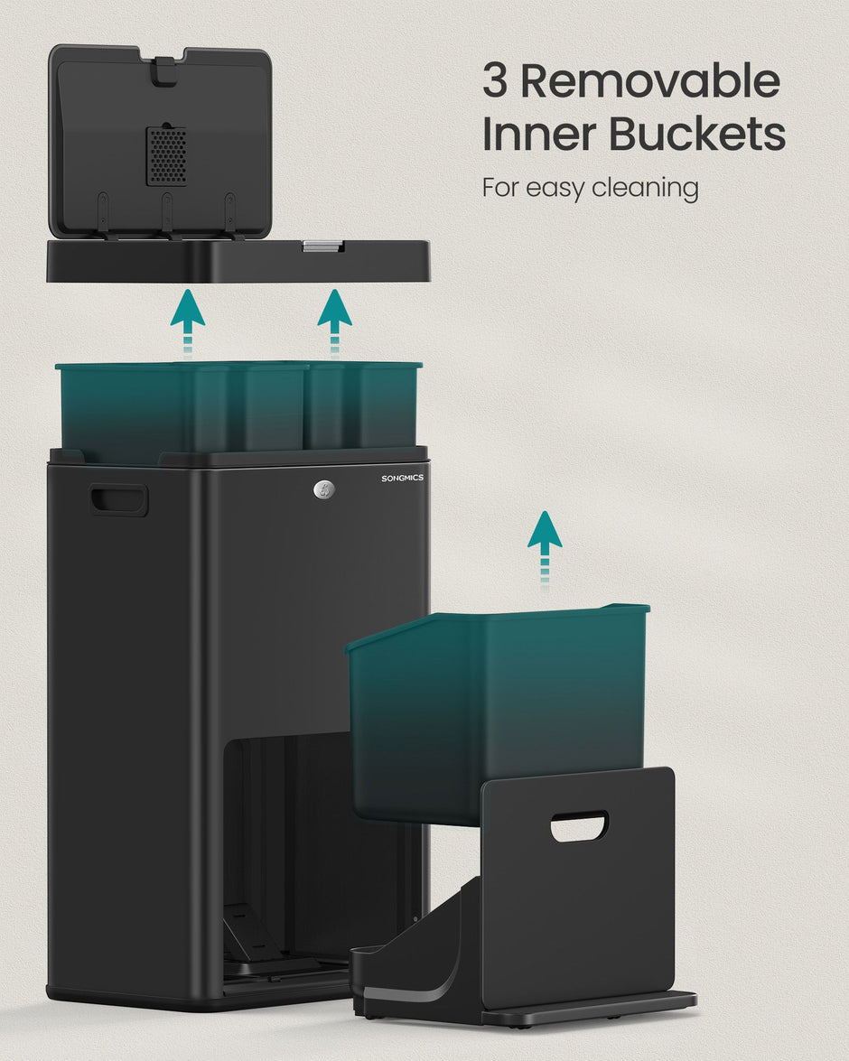 3-Compartment Kitchen Bin – Plastic – Black – Includes Carbon Filter and Wide Pedal
