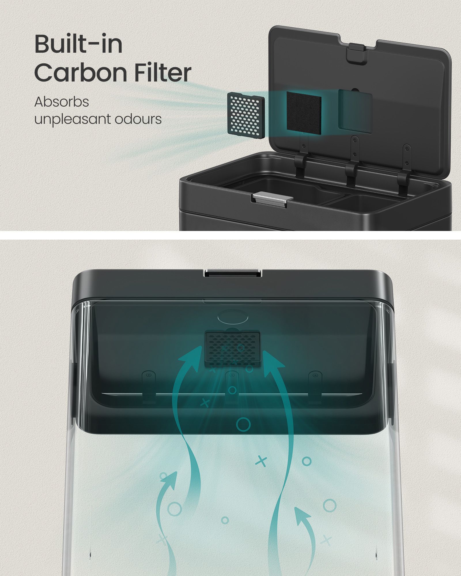 3-Compartment Kitchen Bin – Plastic – Black – Includes Carbon Filter and Wide Pedal