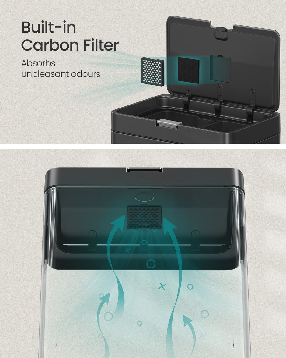 3-Compartment Kitchen Bin – Plastic – Black – Includes Carbon Filter and Wide Pedal