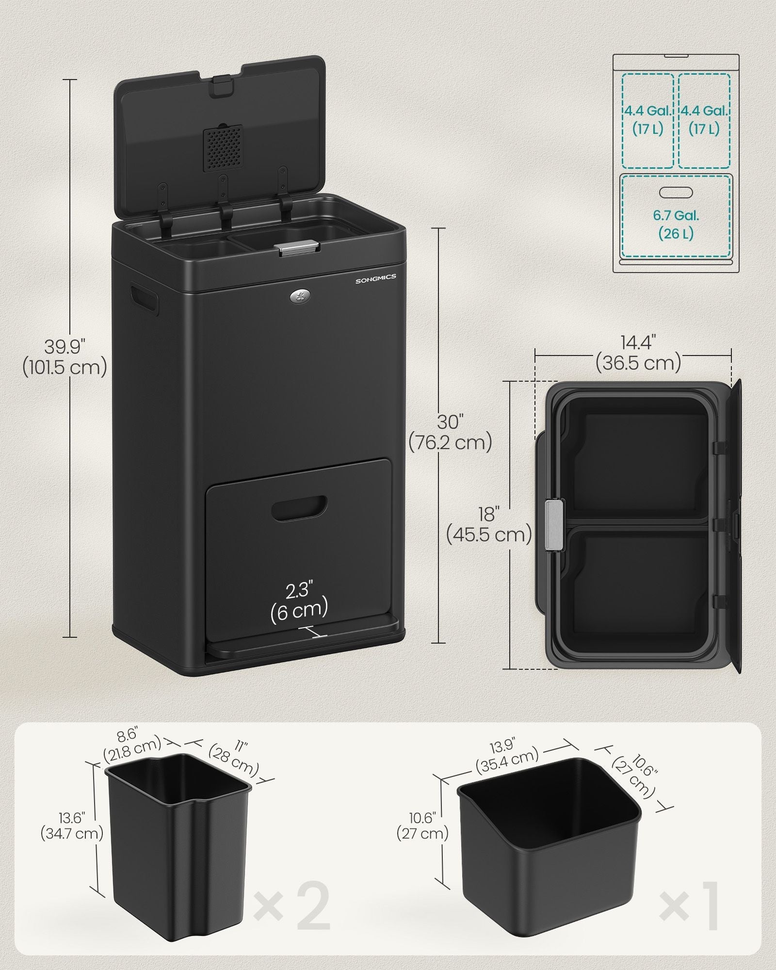 3-Compartment Kitchen Bin – Plastic – Black – Includes Carbon Filter and Wide Pedal